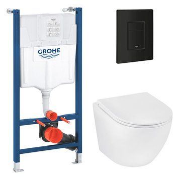 Комплект інсталяції Grohe Solido 2 в 1 38971000 + Панель змиву для унітазу Grohe Even 389662430 + Унітаз підвісний безобідковий Kroner Harz WHI493736 RIMLESS з сидінням Slim Duroplast /Soft 995156 фото