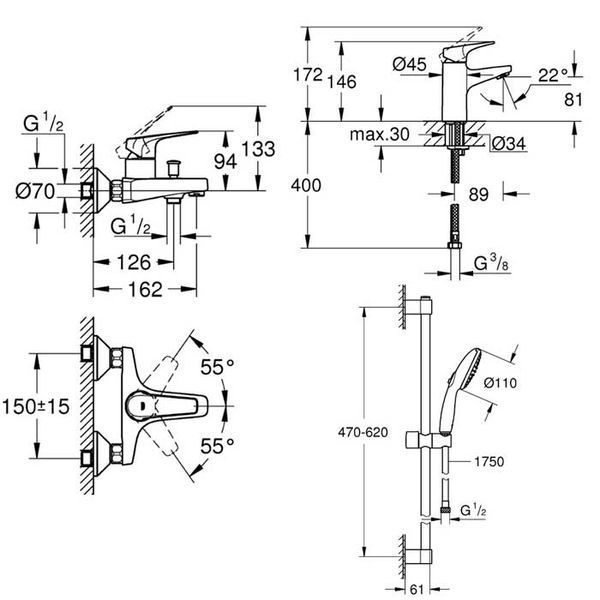 Набір змішувачів для ванної кімнати Grohe Bau Flow UA121624S1 (хром) 873019 фото