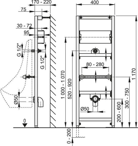 Инсталляция для писсуара Alcaplast A107S/1200 (для сенсорного устройства) 119228 фото