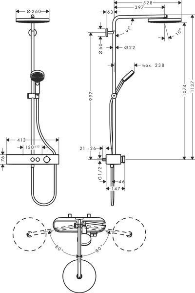 Душевая система Hansgrohe Pulsify S Showerpipe 260 1jet EcoSmart 24221000 с термостатом (хром) 491551 фото