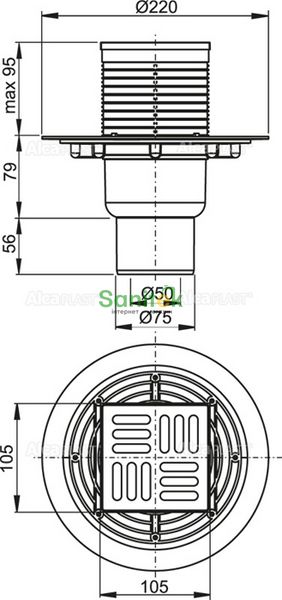 Душевой трап Alcaplast APV2321 (105x105/50/75мм) с прямой подводкой, с гидрозатвором Smart 142366 фото