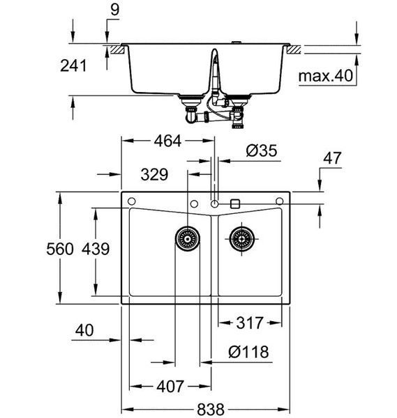Гранитная мойка Grohe K700 Sink 90 -C 83,8/55,9 2.0 (31657AP0) чёрный гранит 354735 фото