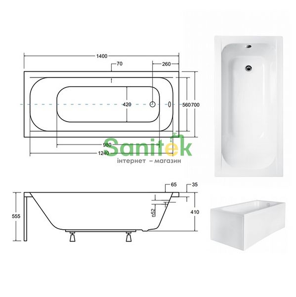 Ванна акриловая Besco Continea 140x70 (WAC-140-PK) без ножек 371322 фото