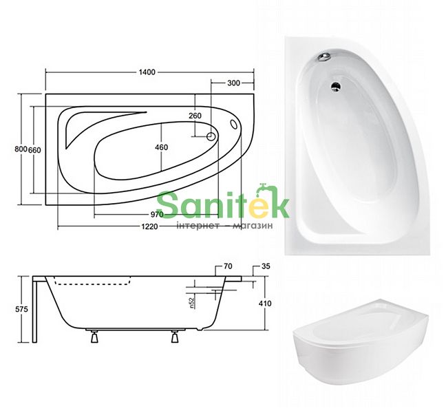 Ванна акрилова Besco Cornea 140x80 (WAC-140-NL) без ніжок, ліва 371330 фото