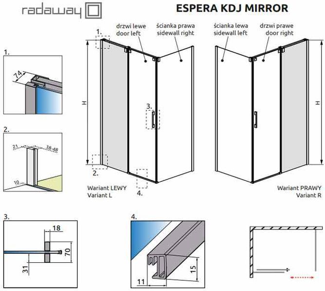 Душевая кабина Radaway Espera Mirror KDJ 100x80 R (380495-01R+380230-71R+380148-01L) хромированный крепеж/стекло прозрачное/стекло зеркальное 268317 фото