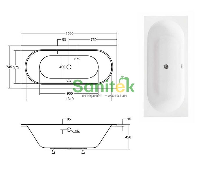 Ванна акрилова Besco Vitae Slim 150x75 (WAV-150-SL) без ніжок 428353 фото