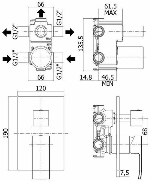 Смеситель для ванны и душа Paffoni Effe EF019CR/M скрытого монтажа 3-х ходовой (хром) 344767 фото