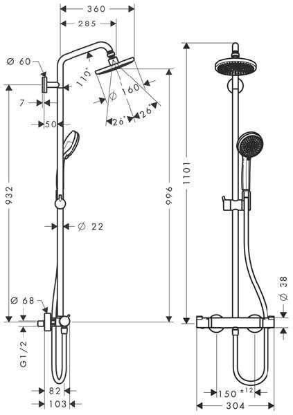 Душевая система Hansgrohe Croma 160 1jet Showerpipe 27135000 с термостатом (хром) 92345 фото