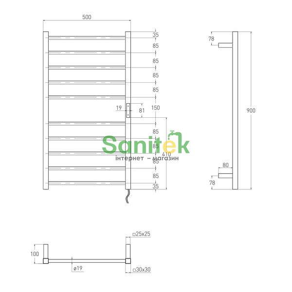 Сушка для рушників електричний Volle Campo 900x500 (9210.000013) правий хром матовий 538367 фото