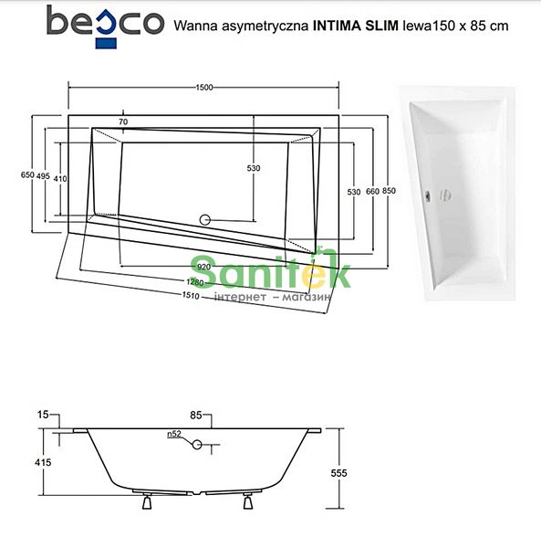 Ванна акриловая Besco Intima Slim 150x85 (WAIT-150-SL) без ножек левая 417978 фото