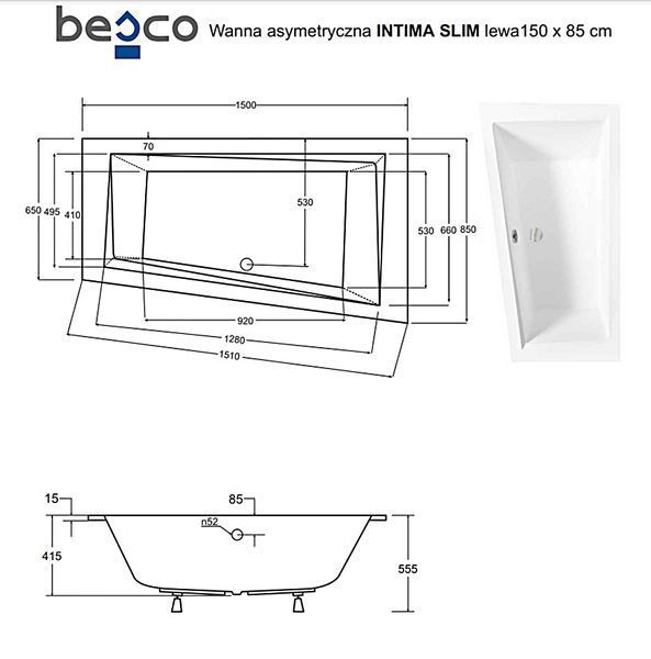 Ванна акриловая Besco Intima Slim 150x85 (WAIT-150-SL) без ножек левая 417978 фото