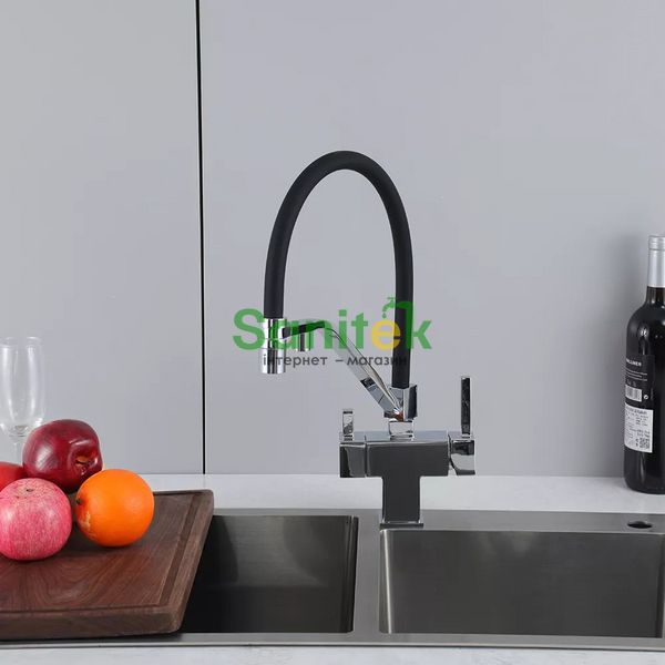 Смеситель для кухни Gappo G4395-60 с душем и подключением питьевой воды (хром/чёрный) 927238 фото