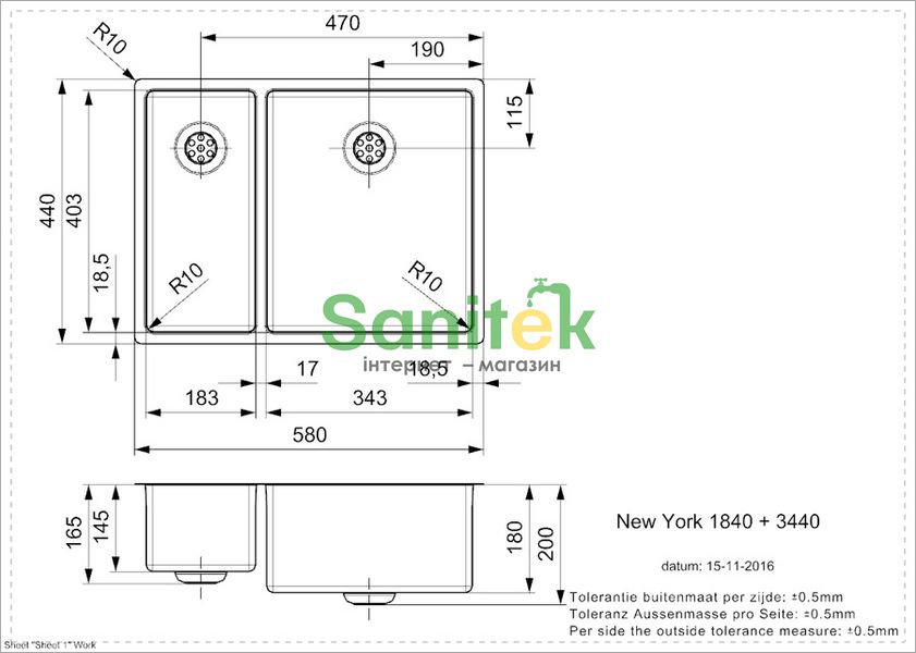 Кухонная мойка Reginox New York 18x40+34x40 IFU (R27844) полированная правая 270960 фото