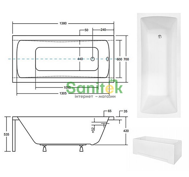 Ванна акриловая Besco Optima 140x70 (WAO-140-PK) без ножек 371542 фото